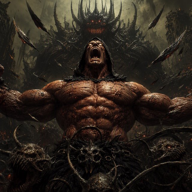 A colossal muscular berserker erupts in a primal roar, framed from the waist upward at a dramatic low angle. His head tilts back, glowing ivory eyes fixed upward, mouth stretched impossibly wide with clearly defined teeth and a cavernous dark interior. A close-fitting black hood frames his angular face, while his bare bronze-red torso displays monumental musculature, fine scars, and jagged surface fissures. Both upper arms thrust outward, elbows and hands beyond the frame, creating a broad, forceful silhouette. Behind him looms a towering obsidian demon with a crown of needlelike horns, scattered ember eyes, a serrated grin, and massive shoulders formed from twisted organic armor. Smaller snarling creatures coil across the lower foreground, their skull-like heads and hooked tendrils overlapping his waist. Razor-shaped fragments sweep diagonally through the scene, directing attention toward his illuminated face and chest. A ruined abyss recedes through smoky olive-green and charcoal haze. — GPT Image 2
