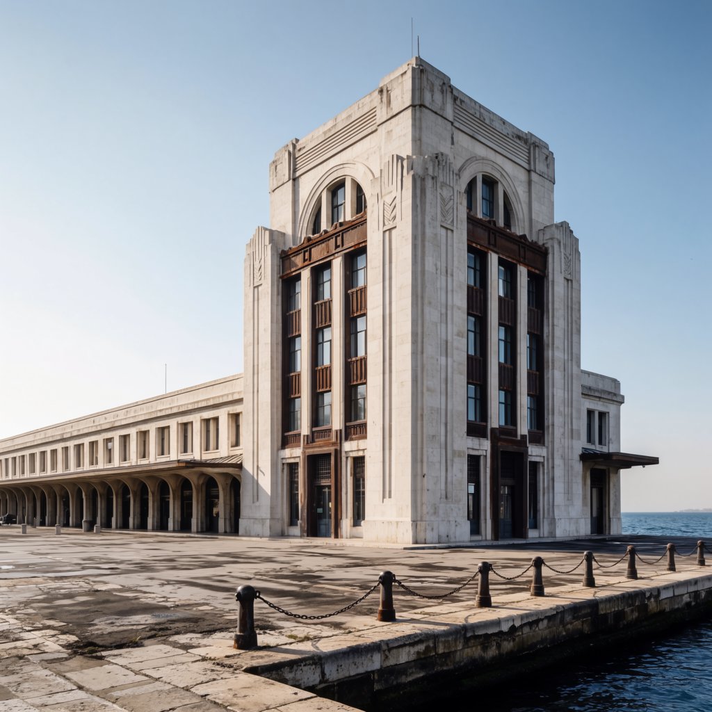 Exterior of a coastal Art Deco ferry terminal, cream limestone, dark bronze window frames, stepped geometric tower and sheltered arcade, late-morning sunlight casting sharp shadows, viewed from across a windswept stone forecourt, realistic architectural photography with precise lines and plausible structure. — Krea 2 Large
