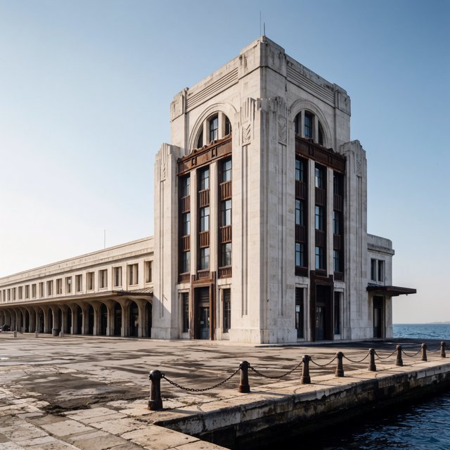 Exterior of a coastal Art Deco ferry terminal, cream limestone, dark bronze window frames, stepped geometric tower and sheltered arcade, late-morning sunlight casting sharp shadows, viewed from across a windswept stone forecourt, realistic architectural photography with precise lines and plausible structure. — Krea 2 Large