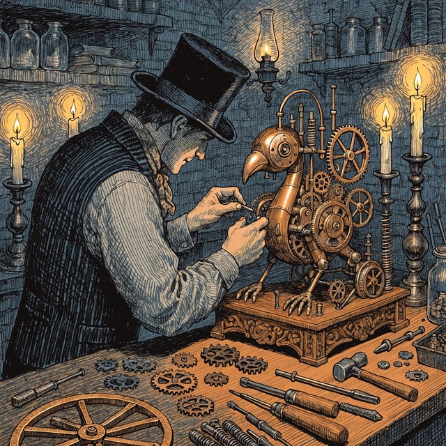 Engraved ink illustration of an adult clockmaker assembling a whimsical brass automaton in a candlelit workshop, with gears, springs, and glass jars surrounding the bench. Palette of charcoal, copper, teal, and honey yellow, with crisp crosshatching and warm shadows. — Recraft v4 Pro