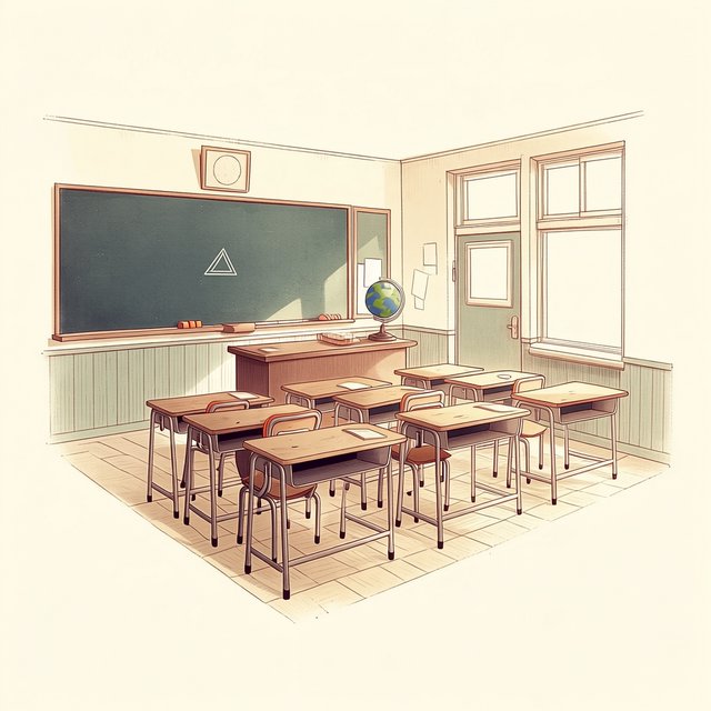 A classroom with exactly four desks in two rows, a globe on the teacher's desk, a chalkboard with a single drawn triangle, empty of people. — Midjourney Niji 7