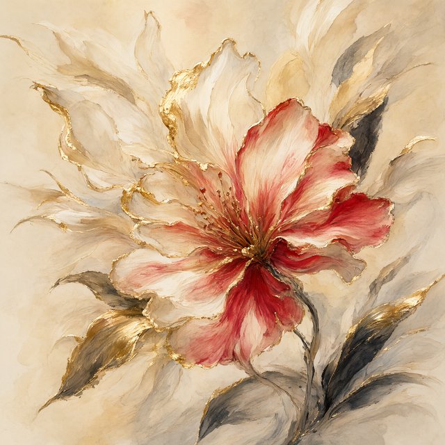 Gently sweeping forms emerge from long, subtle color transitions and soft contours. Bold ink strokes create resilient, confident edges that taper and densify in response to pressure. Raised, polished gold captures directional light in warm, metallic flashes. Luminous, rim-lit gradients blend wet-on-wet into floating patches of color, while a restrained palette of warm ochre, ivory, and deep crimson creates radiant, painterly highlights against a soft, atmospheric background. A flower in the summer wind. — Qwen Image 3.0 Pro
