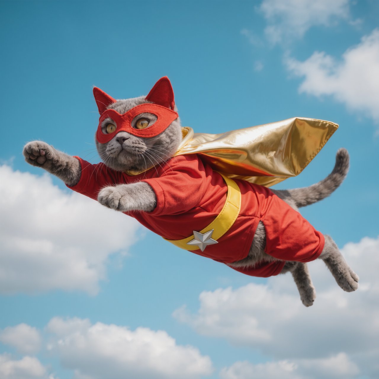 A cat flying in the sky wearing a super kitty costume. — Kling v3 Omni