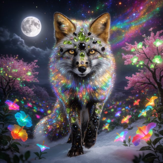 A fantasy still photography image of a majestic silver and gold fox, its fur coat features a breathtaking fiber-optic rainbow-glitter that shimmers with dense prismatic sparkles shifting vibrantly under the ethereal moonlight, the fox features deep silver undertones across its thick coat and is perched proudly in a front-facing posture, its fur is intricately adorned with embedded polished peridot and shimmering onyx that catch the glowing light, it is walking in an enchanted snow filled landscape filled with multicolored bioluminescent hibiscus flowers blooming in radiant neon shades and blooming pink bioluminescent trees with glowing green blossoms, the background features a dramatic full moon and a vibrant multicolored starry sky filled with multicolored swirling galaxy, a soft ethereal glow illuminates the fox's commanding silhouette, razor-sharp focus on its piercing golden eyes, magical realism style, fantasy art. — Krea 2 Large