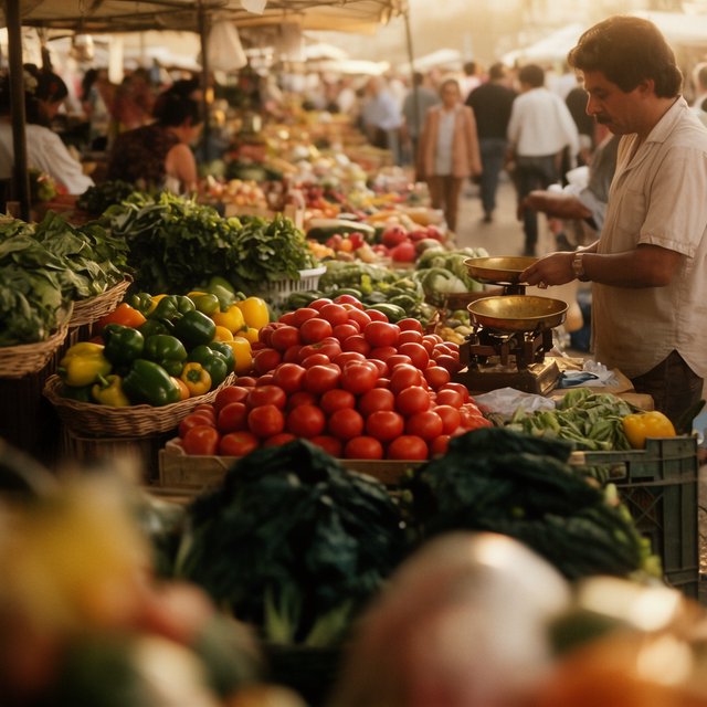 Candid street photograph of an outdoor vegetable market at golden hour, a vendor weighing tomatoes on a brass scale, shallow depth of field, 50mm lens. — Krea 2 Large