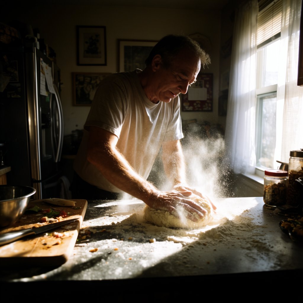 Documentary photo of a home kitchen mid-morning, flour dust in a shaft of window light, an older man kneading dough, natural light only. — Krea 2 Large