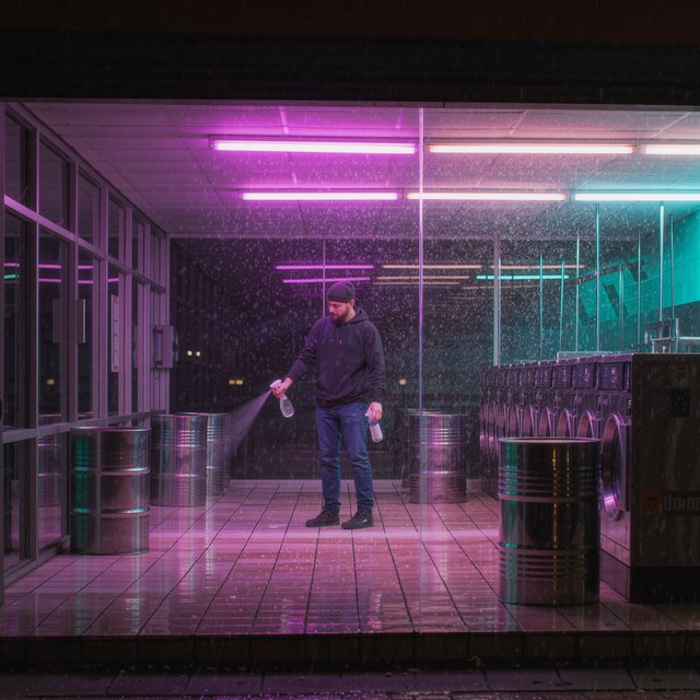 Neon washes a nearly empty overnight laundromat, reflections trembling across tiled floor and spinning steel drums. A handheld street snapshot under magenta and cyan tubes, shot at 35mm with moderate depth of field, catches lint drifting in the air. — Kling v3 Omni