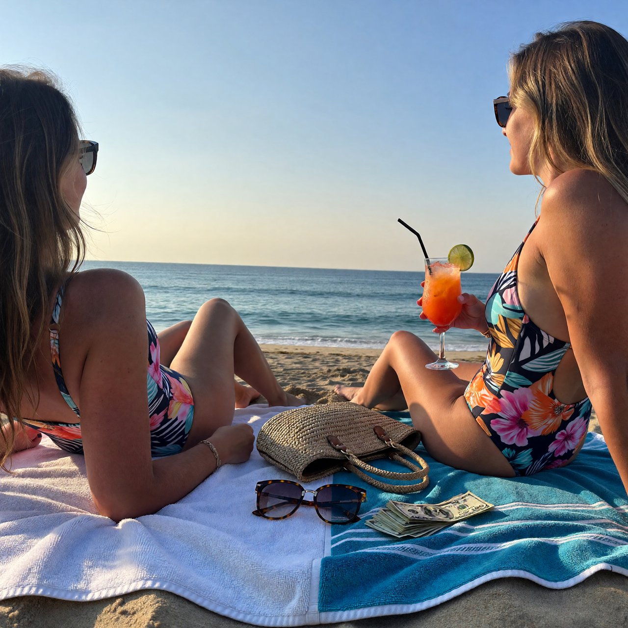 A realistic scene of women in one-piece swimsuits on the beach, with a peaceful vibe, orange and red drinks nearby, high-quality items nearby, a bit of money also nearby, and many angles. — ImagineArt 1.5 Pro