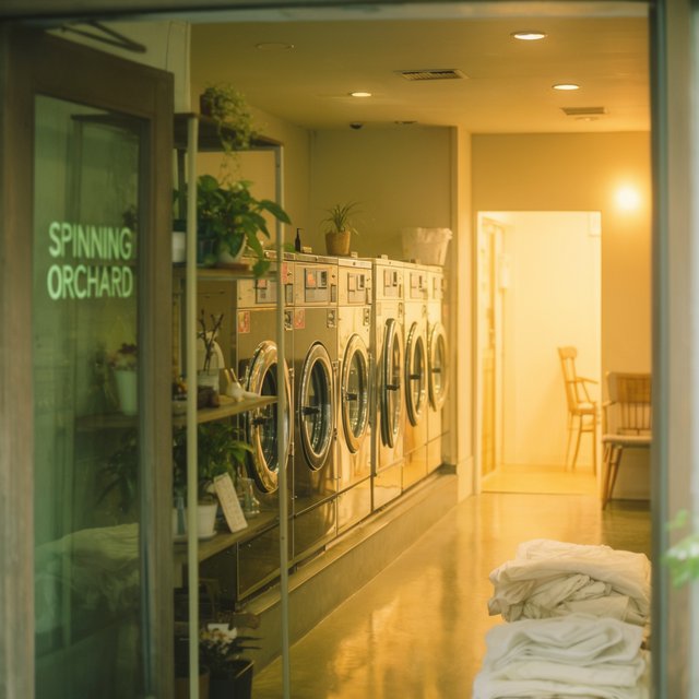 Inside a quiet neighborhood laundromat, chrome machines and folded linen glow beneath cool ceiling lights; "SPINNING ORCHARD" is printed in pale mint letters on the frosted glass entry door. — Krea 2 Large