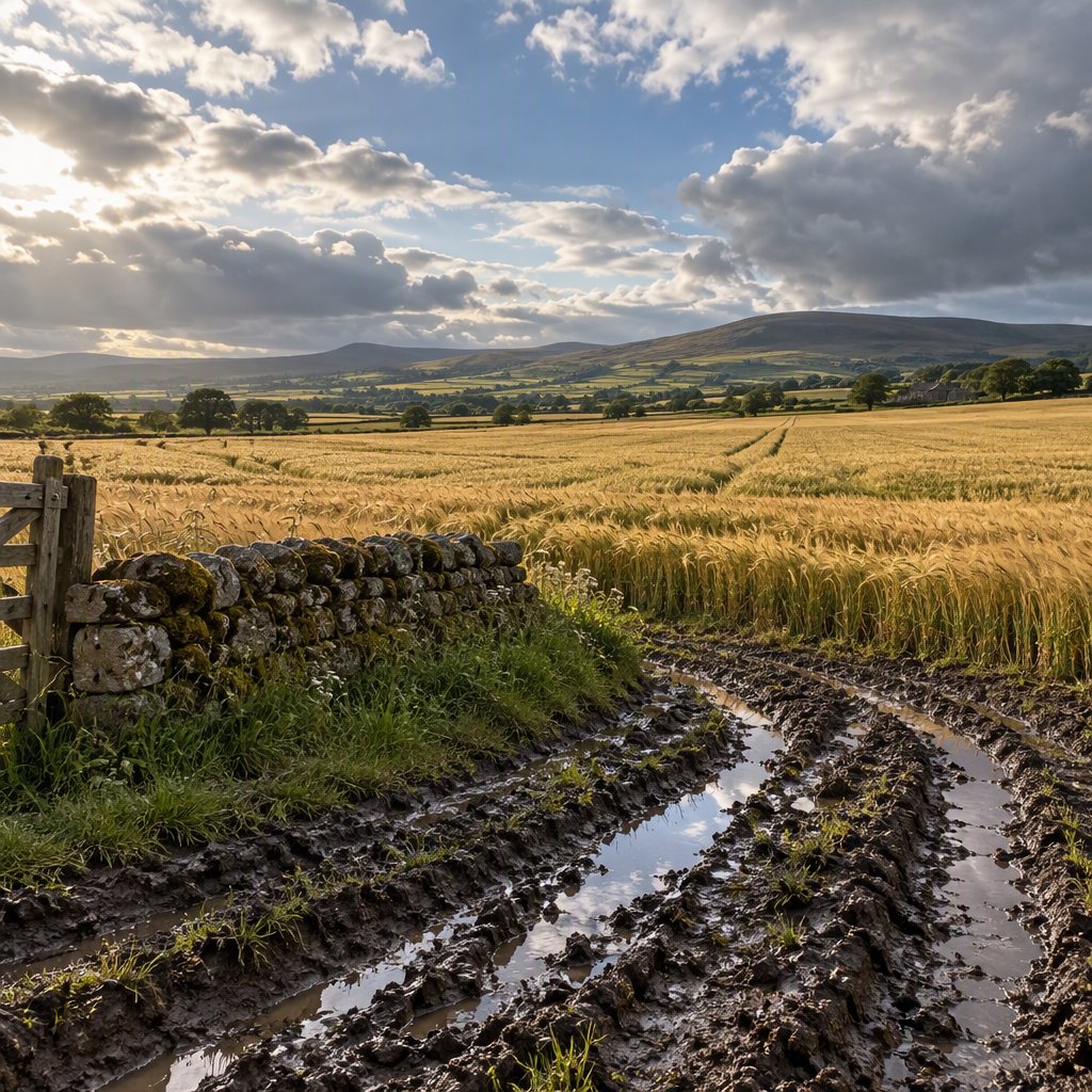 Golden barley fields ripple beneath a vast sky as a cool morning breeze follows overnight showers; muddy tractor furrows glisten in the foreground, guiding the eye past a weathered stone boundary toward low hills under broken clouds. — GPT Image 2.5 Sunburst