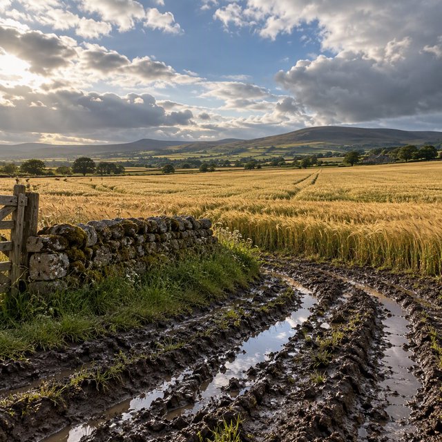 Golden barley fields ripple beneath a vast sky as a cool morning breeze follows overnight showers; muddy tractor furrows glisten in the foreground, guiding the eye past a weathered stone boundary toward low hills under broken clouds. — Model 4