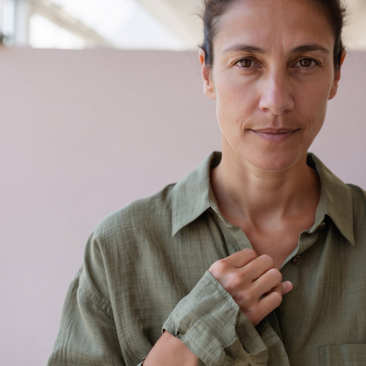 Portrait photograph of an adult woman in her late 30s wearing a moss-green cotton poplin shirt, fingers lightly turning its rolled cuff. Her calm, observant expression faces the camera against a chalky lavender backdrop, lit by soft diffused skylight. — ImagineArt 2