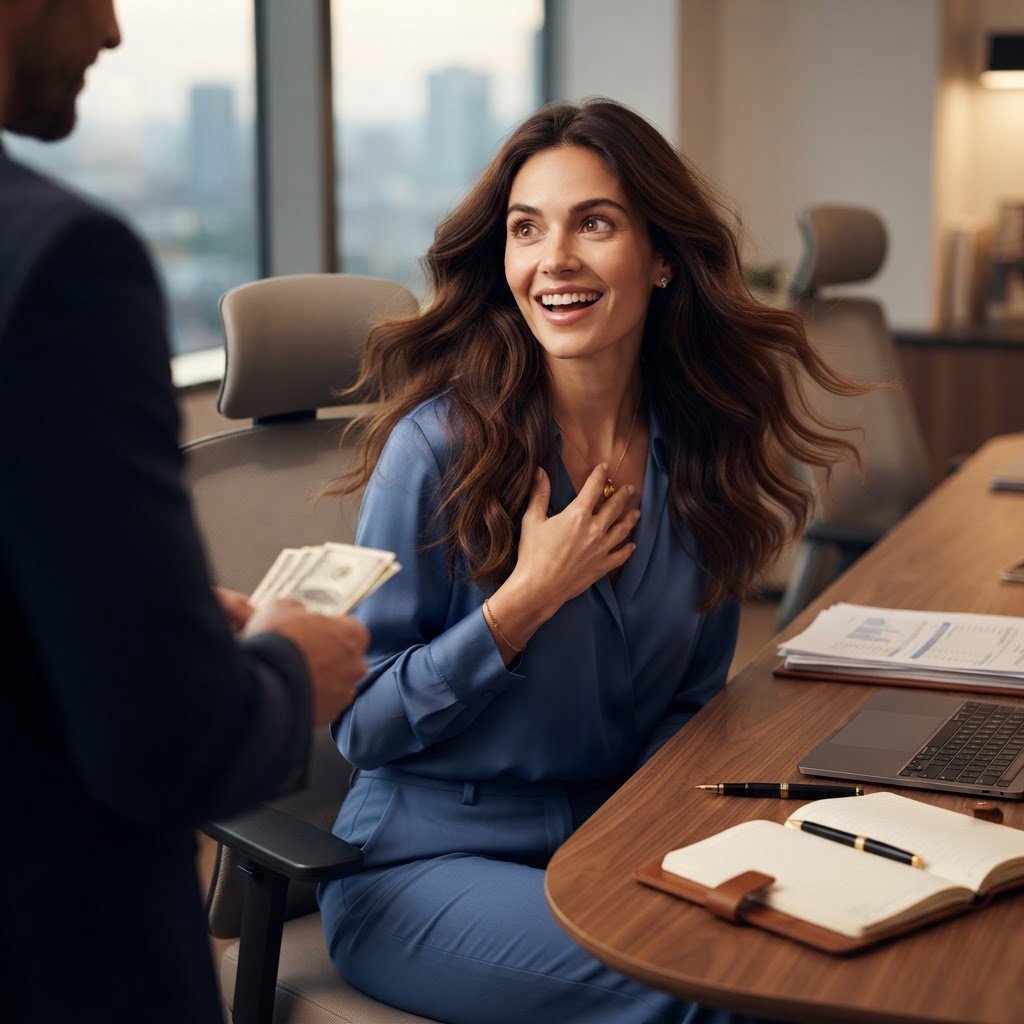 Exchanging flirtatious glances. Alluring. A peerlessly beautiful adult woman. Captivating. An expression of being dazzled by money, heart racing. Ergonomics. Long hair flowing. — Nano Banana 2 Lite