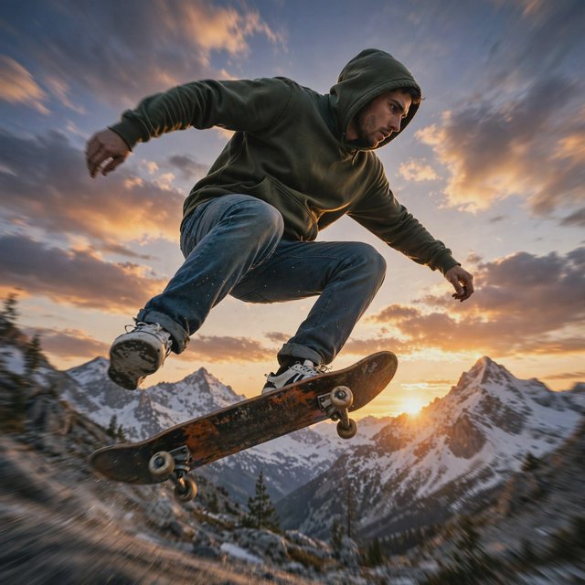 A man wearing a hoodie, jeans, and sneakers rides a skateboard that has taken off the ground. A low angle shows the man on the skateboard up in the air at high speed, with a snow-capped peak in the background beneath a setting sun in the evening sky. — Muse Image 1.0