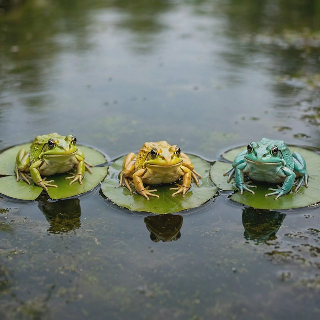 A still pond holds exactly three frogs on separate lily pads: a lime-green frog at the left, a golden-yellow frog in the center, and a turquoise frog at the right. All face forward; nothing else. — Model 14