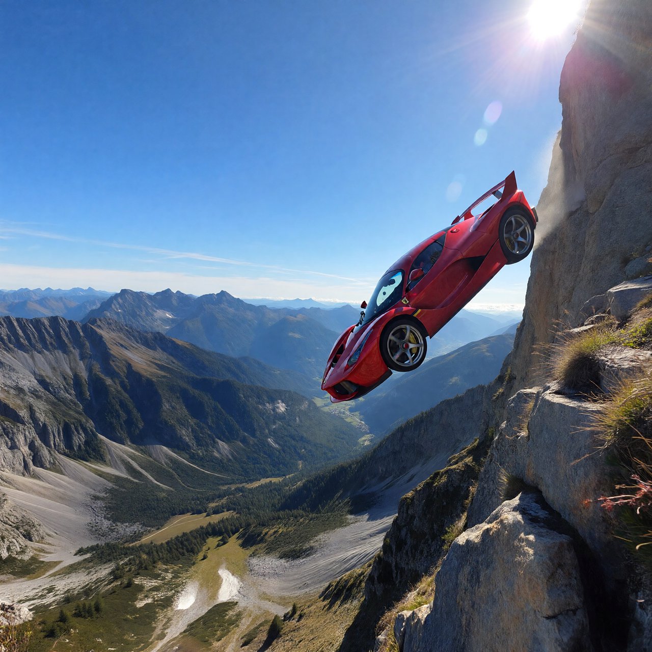 A sports car in a daredevil stunt has driven off a road from a high cliff, attempting to fly and land on the road on the next cliff. Beautiful mountainous background, sunny blue sky. Show motion, speed, and action. — ImagineArt 1.5 Pro