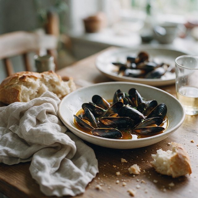 Beside a rumpled linen napkin, an in-progress supper shows a shallow bowl of mussels, torn bread, and a half-full glass on a wooden table. A natural-light dining snapshot, shot at 50mm with shallow depth of field, catches crumbs and glossy broth. — Seedream 5.0 Pro