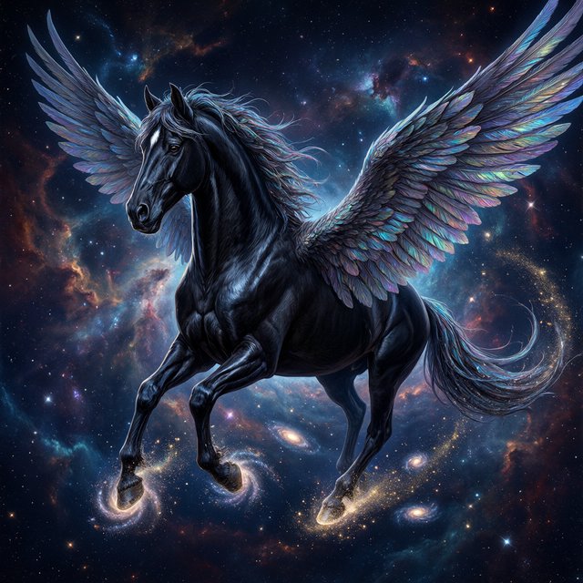 A majestic winged horse, with iridescent feathers and a coat like polished obsidian, is soaring through a celestial realm filled with nebulae and shimmering stardust. Around its hooves, tiny galaxies spiral outwards. The style is reminiscent of intricate fantasy illustration, with glowing, ethereal colors and a sense of deep cosmic wonder — Qwen Image 3.0 Pro