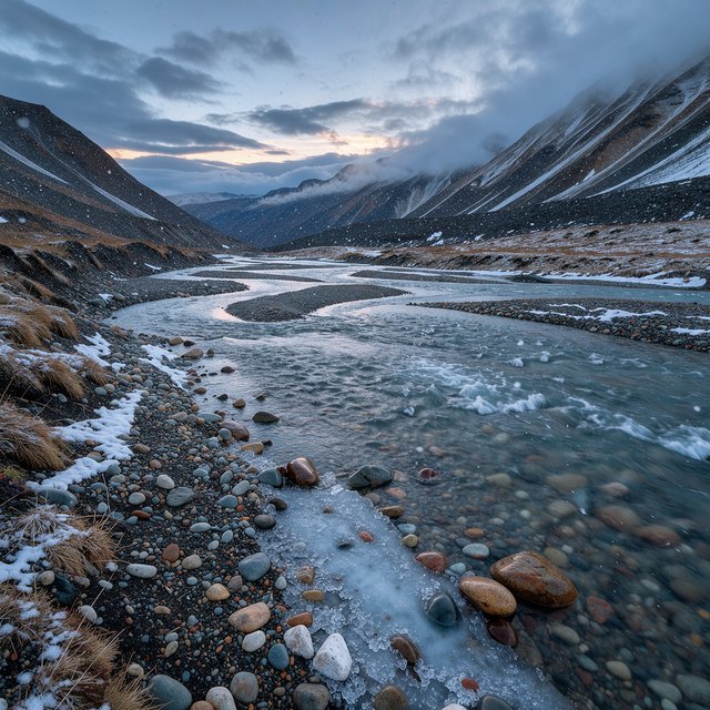 Beyond a braided glacier-fed stream, a steep moraine valley opens beneath clearing dawn snow flurries; gritty ice grains and water-polished stones sharpen the near bank, while layered ridges fade into cloud. — Model 1