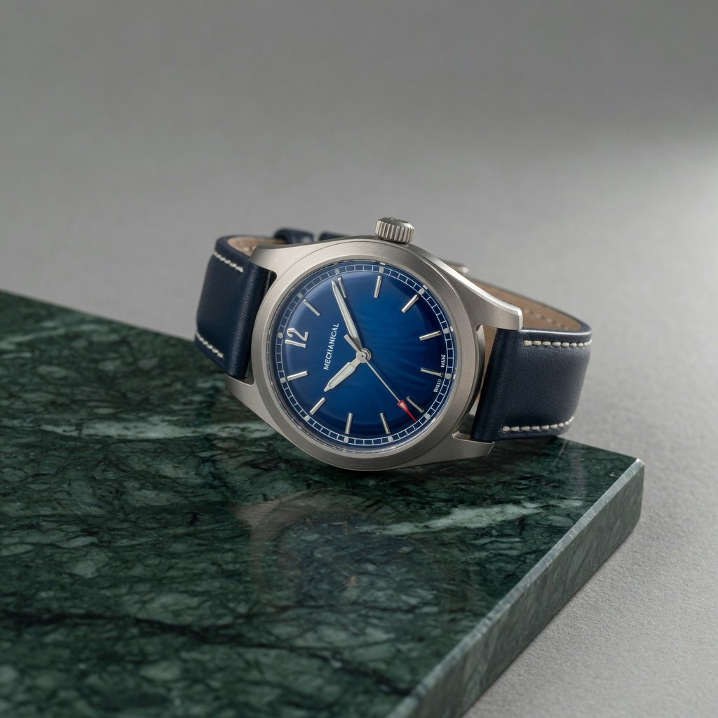 Commercial product photograph of an unbranded mechanical wristwatch with a brushed titanium case and deep blue enamel dial, resting on dark green marble against a soft gray background, illuminated by a large diffused softbox and narrow edge light. — Grok Imagine Image Quality