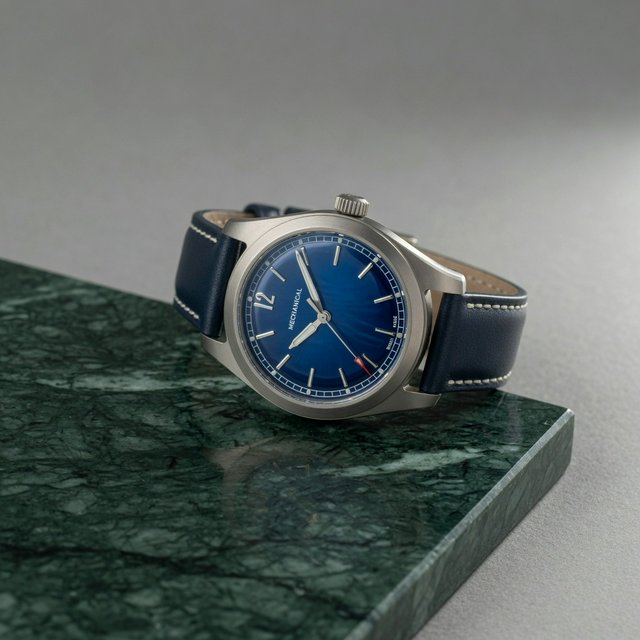 Commercial product photograph of an unbranded mechanical wristwatch with a brushed titanium case and deep blue enamel dial, resting on dark green marble against a soft gray background, illuminated by a large diffused softbox and narrow edge light. — Grok Imagine Image Quality