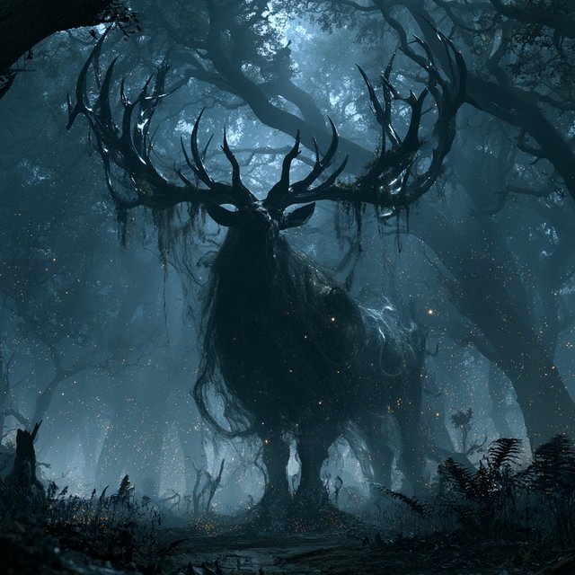 Low-angle wide shot, ancient overgrown oak forest at midnight: a colossal ghost stag looms, its semi-transparent form woven from swirling inky mist threaded with liquid silver moonlight. Polished obsidian antlers cut through shadow, jagged edges catching faint starlight, moss dangling from their points. Heavy hooves press into the loamy forest floor, wild bluebells and ferns curling black and crumbling to ash beneath each step. Hundreds of faint gold fireflies drift slowly through thick volumetric fog, their glows diffused in the haze. Deep indigo and charcoal color palette, somber quiet dread, atmospheric dark fantasy aesthetic, soft dappled moonlight filtering through a gnarled canopy, cinematic depth of field, sharp fine edges on the stag's antlers and decaying foliage. — Midjourney V8.2