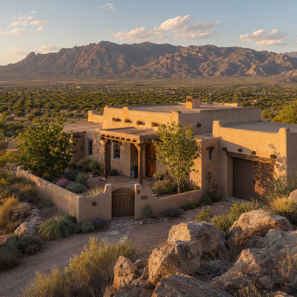 Beyond dry orchard rows, a Pueblo Revival adobe house settles into the desert foothills, with timber lintels and a muted clay roof; warm late-afternoon light, viewed from a rocky rise, reveals clean geometry and credible construction. — GPT Image 2