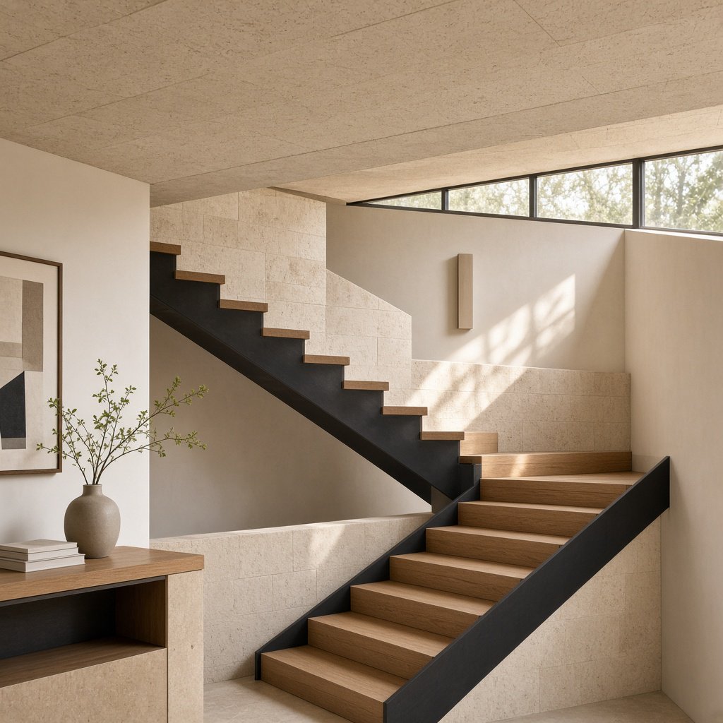 Beneath a pale limestone stairwell, a restrained mid-century modern interior frames a straight oak stair with blackened-steel stringers and limestone landings; afternoon clerestory light, viewed from the upper landing, reveals credible connections and aligned geometry. — Grok Imagine Image 2