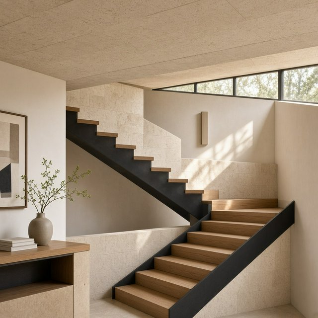 Beneath a pale limestone stairwell, a restrained mid-century modern interior frames a straight oak stair with blackened-steel stringers and limestone landings; afternoon clerestory light, viewed from the upper landing, reveals credible connections and aligned geometry. — Grok Imagine Image 2