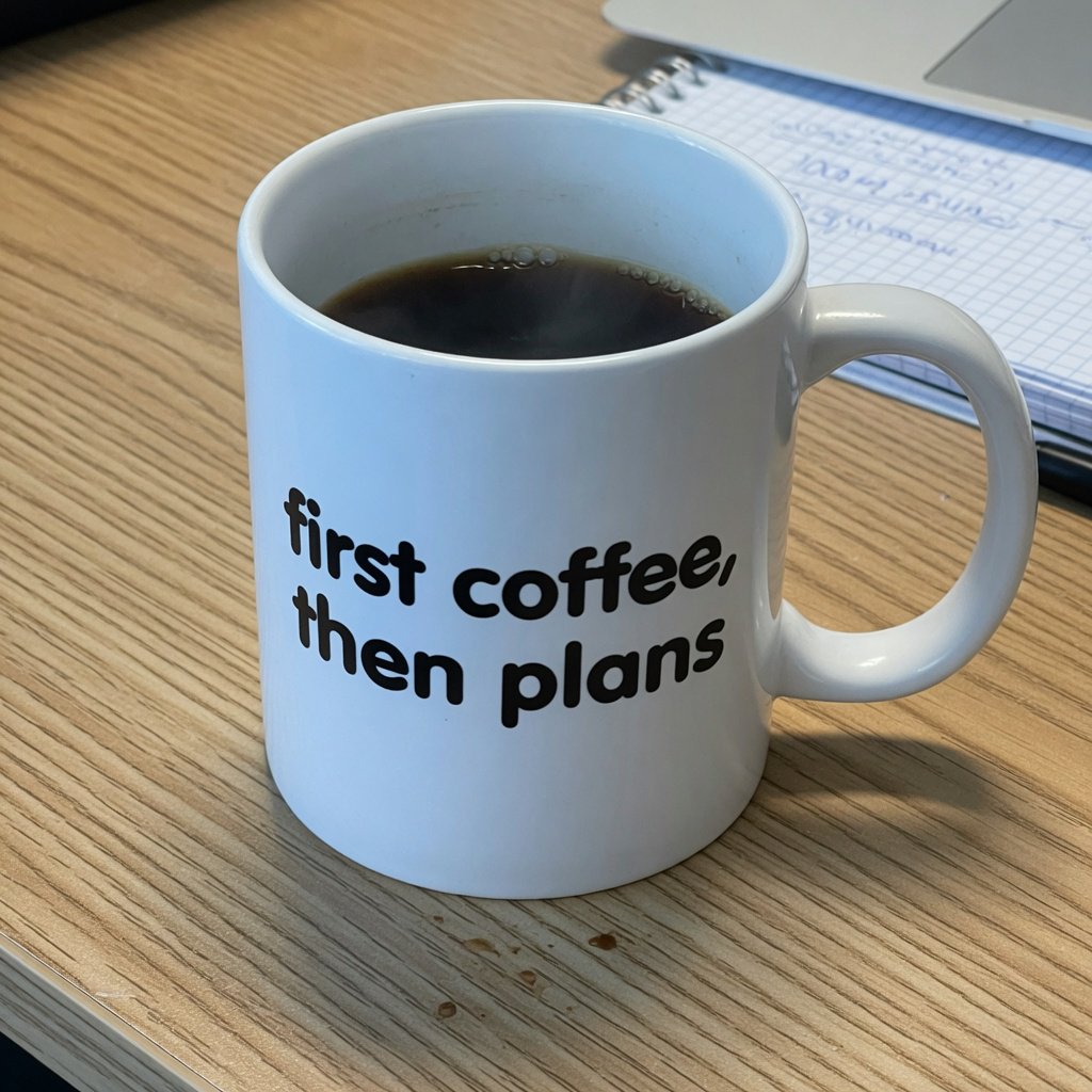 A white ceramic mug on a desk with the words "first coffee, then plans" printed in black lowercase sans-serif. — Grok Imagine Image Quality