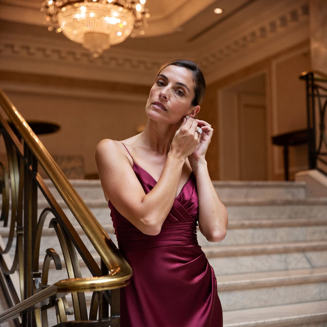 At the landing of a marble staircase, an adult woman in a plum evening gown pauses to fasten an earring, caught in warm chandelier light; polished brass rails and soft shadows lend the scene the poise of a fashion magazine. — ImagineArt 2