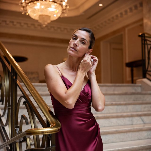 At the landing of a marble staircase, an adult woman in a plum evening gown pauses to fasten an earring, caught in warm chandelier light; polished brass rails and soft shadows lend the scene the poise of a fashion magazine. — ImagineArt 2