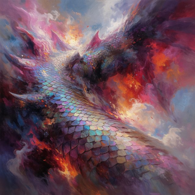 An abstract tapestry woven from the dreams of a sleeping dragon, depicted as a chaotic yet beautiful explosion of iridescent scales, fiery embers, and swirling smoke. The composition is dynamic and energetic, with bold brushstrokes and a rich, textured surface. The style is abstract expressionism, capturing the raw, untamed essence of draconic power. — Krea 2 Medium