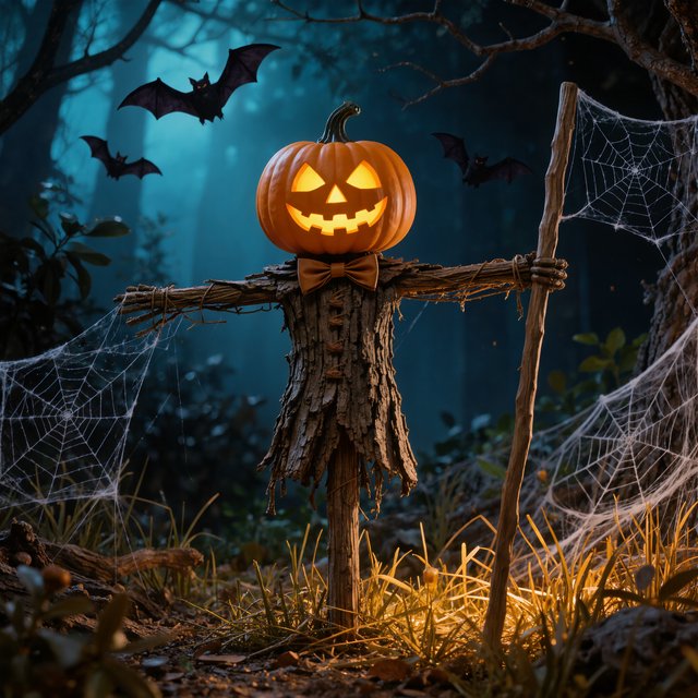 Chiaroscuro contrast, inner-lit glows, dense central detail fading into haze and velvety darkness. A pumpkin-headed scarecrow with a jack-o-lantern face, glowing eyes, stitched grin, bow tie, bark torso, and wooden staff stands in a night forest clearing with dry grass, cobwebs, bats, bare branches, — Model 10