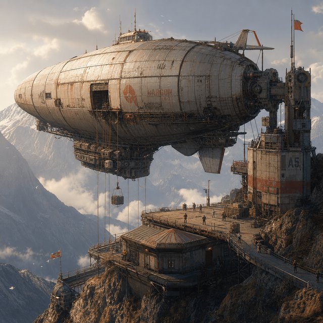 Concept art of a weathered cargo airship docking at a mountaintop station, crew tiny for scale, late afternoon light. — GPT Image 2