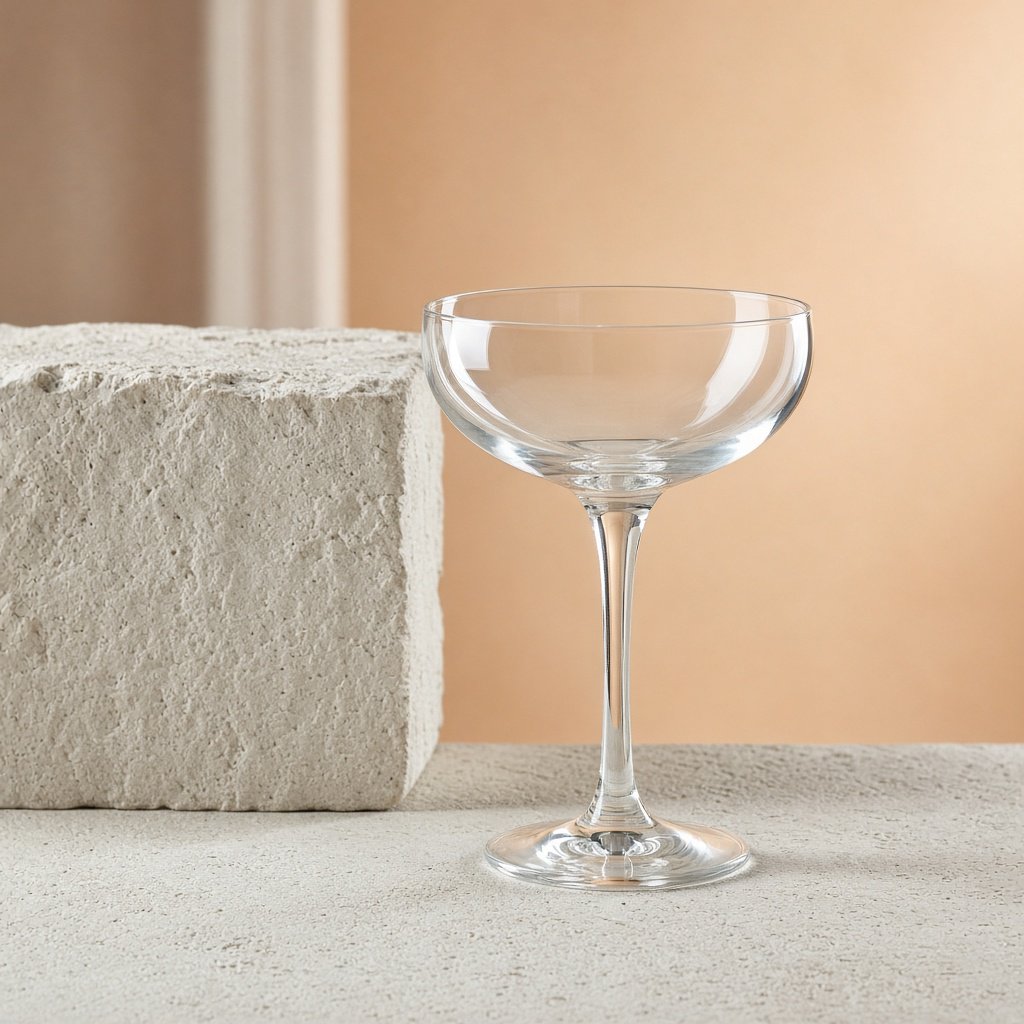 Beside a pale limestone block, an unbranded handblown cocktail coupe in clear soda-lime glass catches crisp window-shaped highlights; its curved bowl bends a muted apricot backdrop under broad diffused key light and narrow cool rim lighting, commercial product image, no lettering. — Grok Imagine Image 2