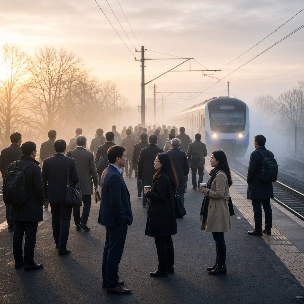 Across a broad station platform, adult commuters wait in loose clusters as a train approaches through pale dawn haze. A real-world press photograph uses a 135mm lens and deep focus; fine brake dust hangs in the sunlit air. — Grok Imagine Image 2