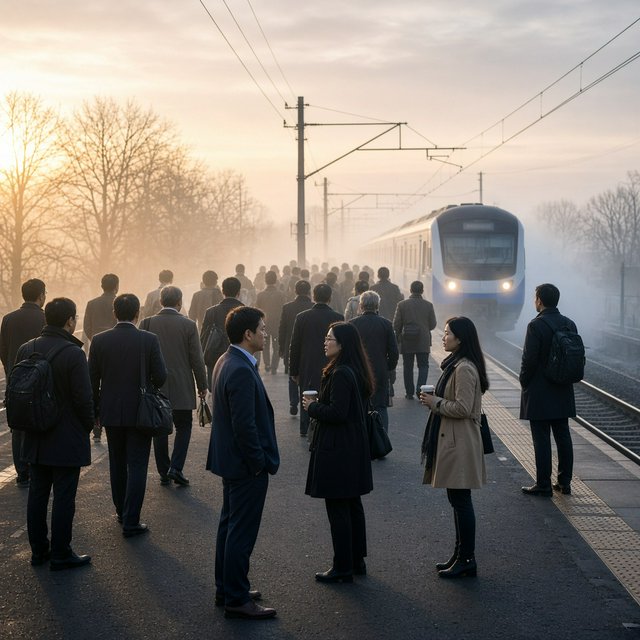Across a broad station platform, adult commuters wait in loose clusters as a train approaches through pale dawn haze. A real-world press photograph uses a 135mm lens and deep focus; fine brake dust hangs in the sunlit air. — Grok Imagine Image 2