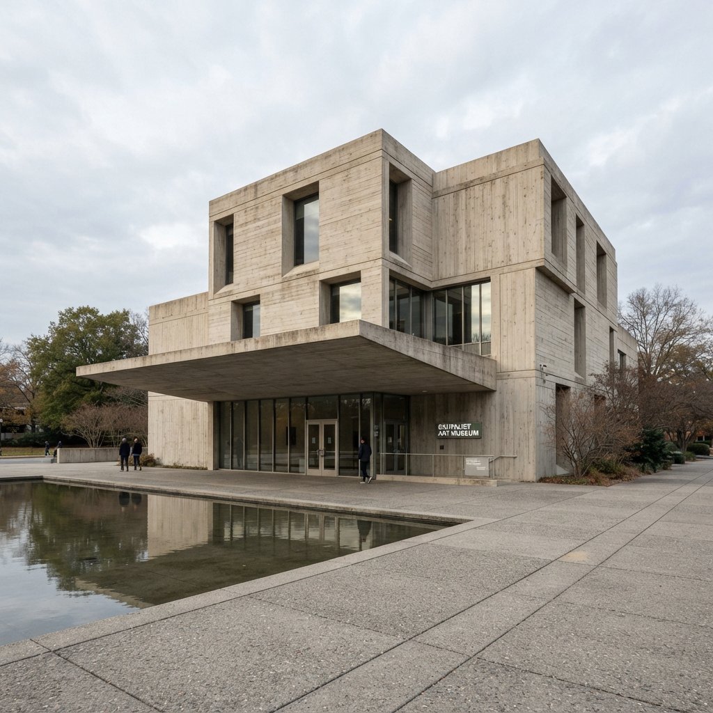 Exterior of a compact brutalist art museum, pale board-formed concrete, deep rectangular window recesses, a broad cantilevered entrance canopy, low reflecting pool, overcast afternoon light, viewed from a quiet plaza at eye level, crisp orthogonal architectural photography. — Nano Banana 2 Lite