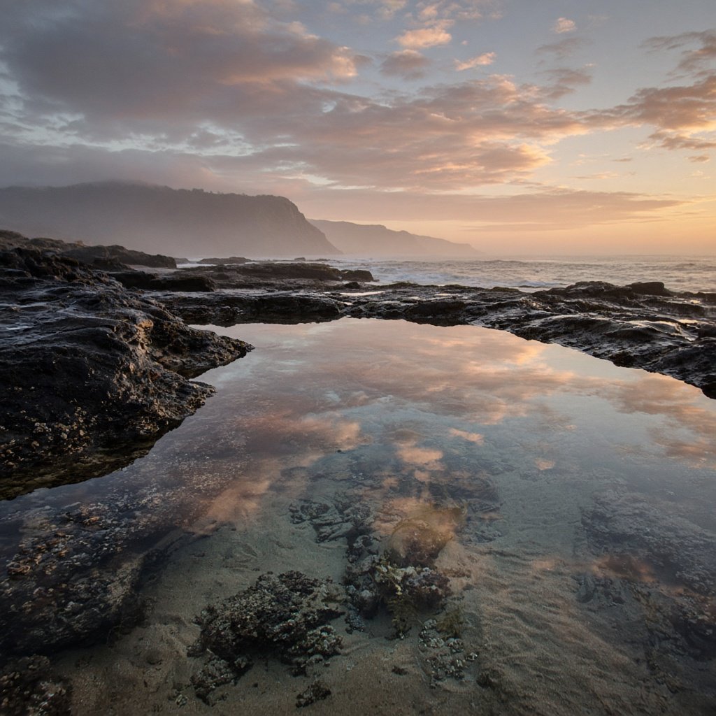 At dawn on a rugged basalt shore, a tide pool mirrors clearing rain clouds; translucent water reveals rippled sand, barnacle-crusted rock, and blurred kelp below the surface, with slick foreground stone leading toward hazy coastal cliffs. — Grok Imagine Image 2