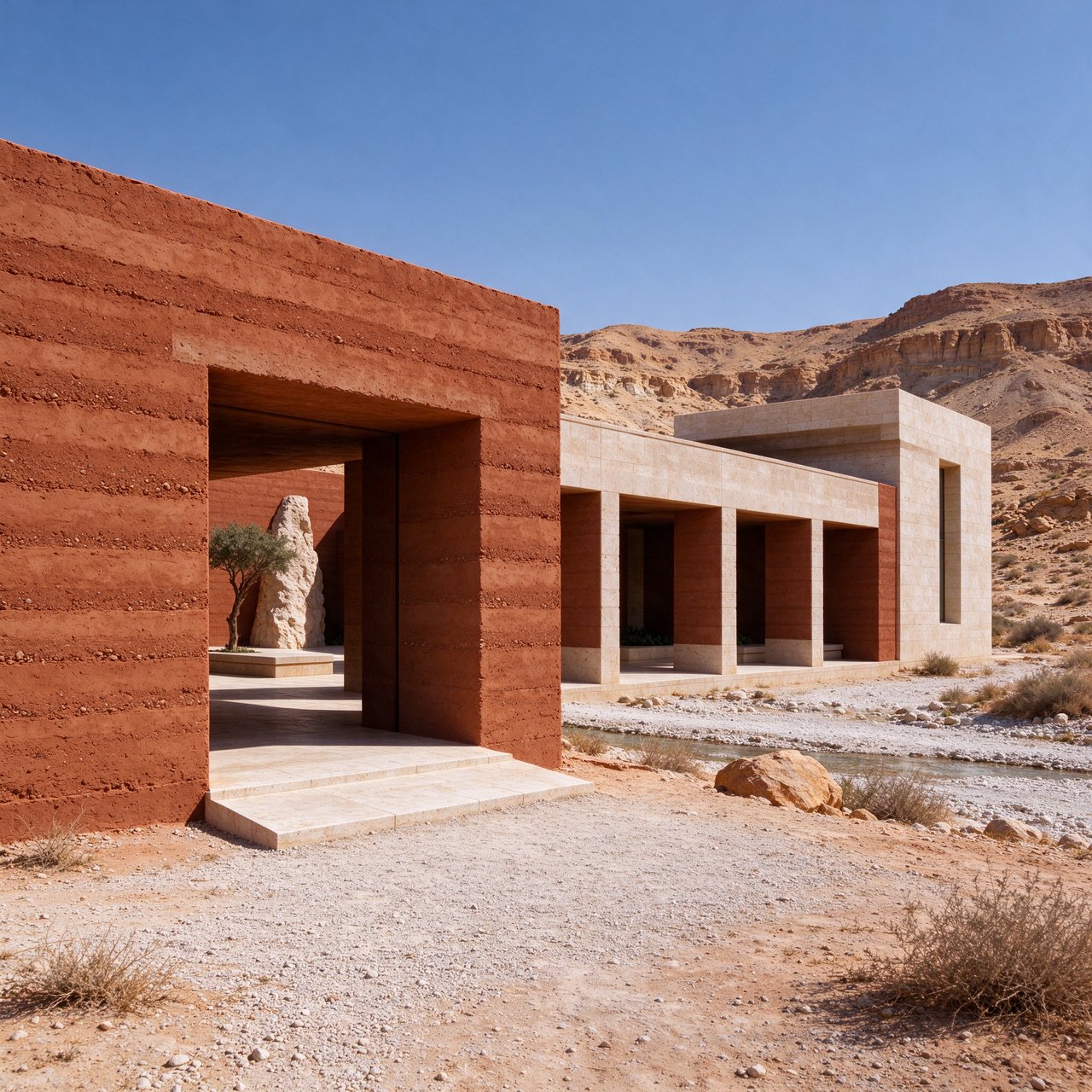 A contemporary desert visitor pavilion built from rust-colored rammed earth and pale limestone sits beside a dry wadi; deep shaded openings frame the courtyard. Hard midday sun, viewed from the gravel approach, crisp geometry and believable construction. — Seedream 5.0 Flash