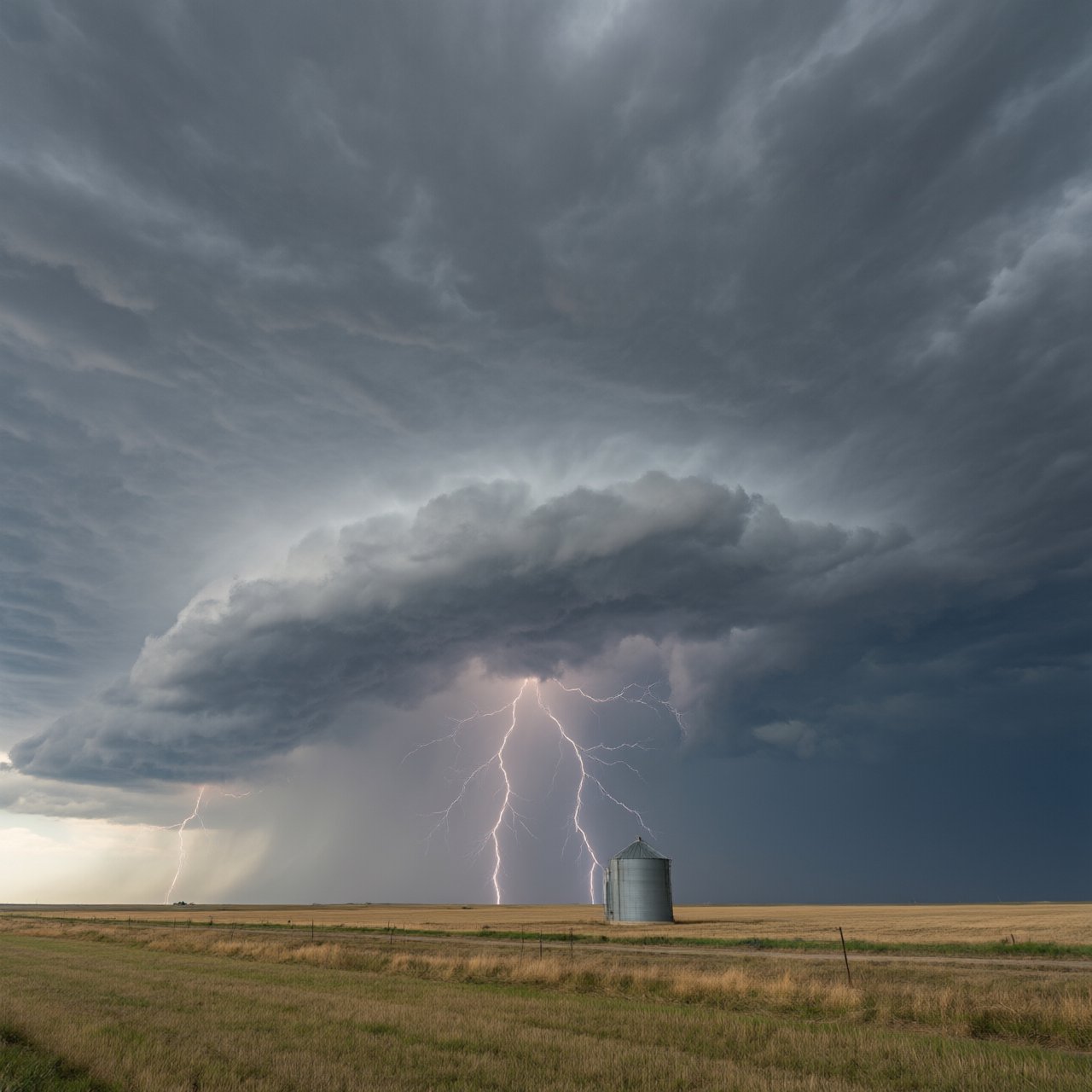 A supercell thunderstorm over flat farmland, lightning inside the cloud, a lone grain silo, dramatic but realistic. — Qwen Image 3.0