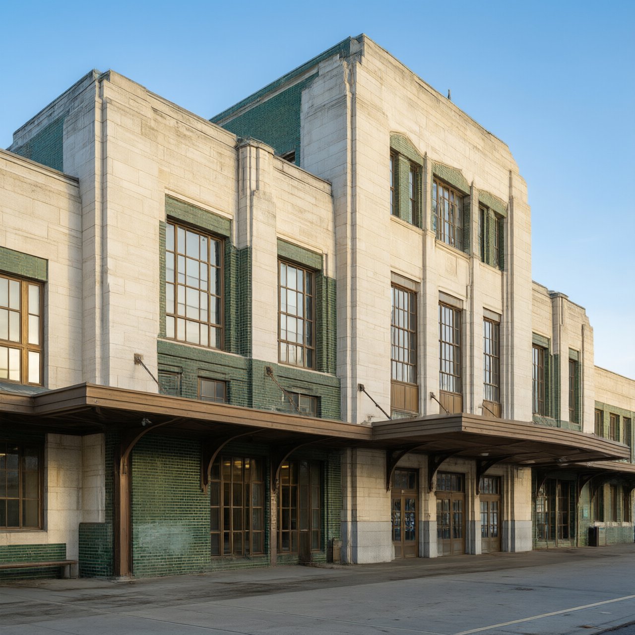 Exterior of an Art Deco railway terminal in pale limestone and dark green glazed brick, with stepped massing, bronze-framed windows, and a broad canopy; clear winter morning light, viewed from the station forecourt, precise lines and credible structure. — Qwen Image 3.0