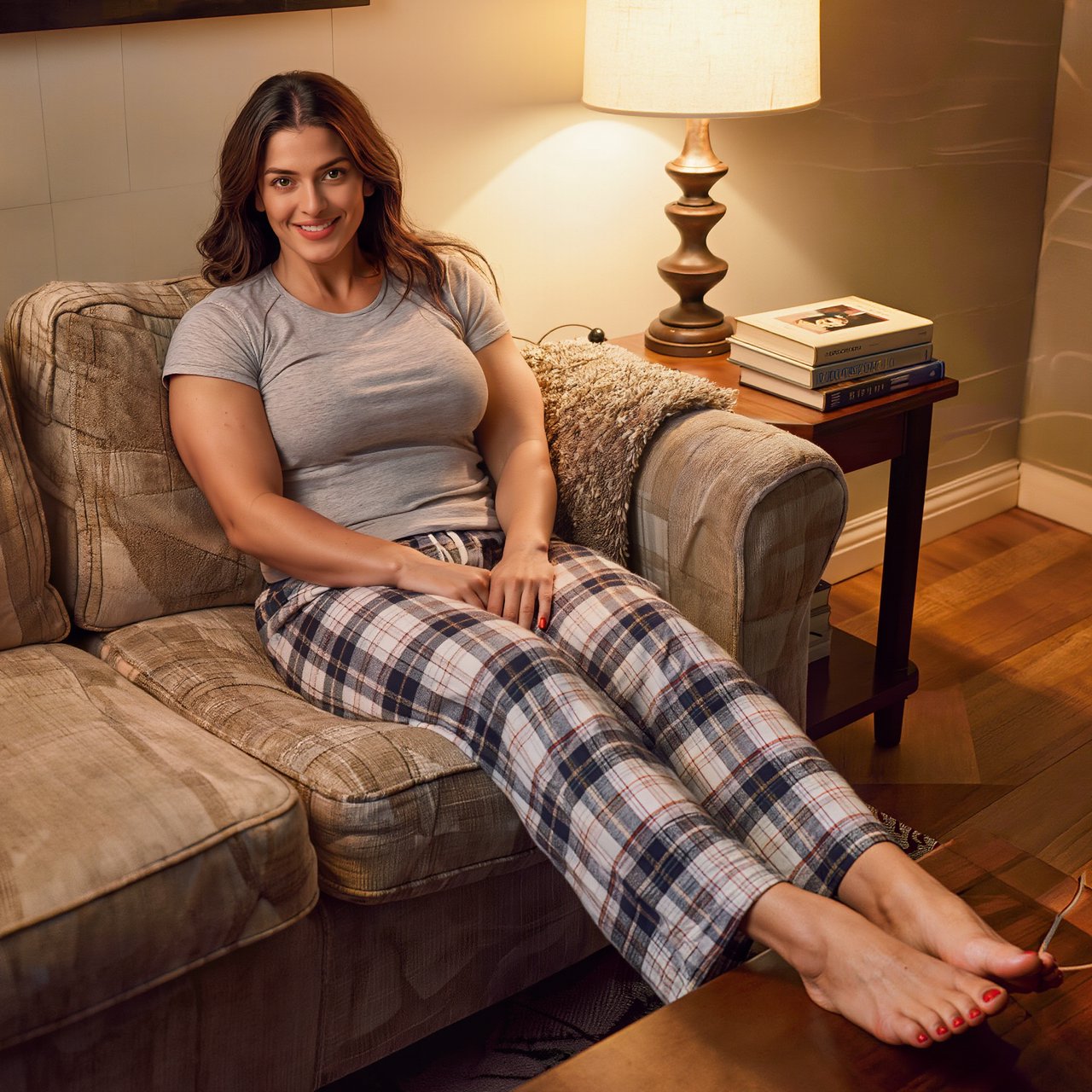 A 28-year-old, 6-foot-tall woman with wavy brunette hair falling just past her shoulders, olive skin, an oval face with soft angular cheekbones, and striking deep green eyes. She has a hyper-muscular, athletic physique built from intense heavy weightlifting and CrossFit — broad shoulders, defined arms, a strong back, and visible core and leg muscle definition — giving her a powerful, statuesque build. Her expression is relaxed and at ease. She lounges comfortably on a couch in her living room, wearing a soft fitted t-shirt and plaid pajama pants, barefoot with red-painted toenails. Warm evening lamp light, cozy lived-in living room background with a throw blanket and a few books on a side table, soft natural shadows, skin texture. — Kling v3