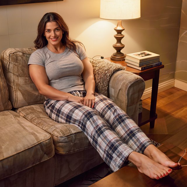 A 28-year-old, 6-foot-tall woman with wavy brunette hair falling just past her shoulders, olive skin, an oval face with soft angular cheekbones, and striking deep green eyes. She has a hyper-muscular, athletic physique built from intense heavy weightlifting and CrossFit — broad shoulders, defined arms, a strong back, and visible core and leg muscle definition — giving her a powerful, statuesque build. Her expression is relaxed and at ease. She lounges comfortably on a couch in her living room, wearing a soft fitted t-shirt and plaid pajama pants, barefoot with red-painted toenails. Warm evening lamp light, cozy lived-in living room background with a throw blanket and a few books on a side table, soft natural shadows, skin texture. — Kling v3