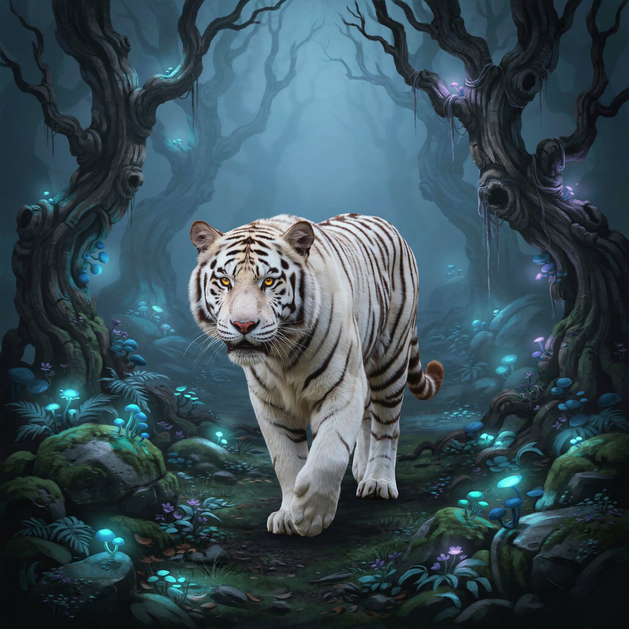A majestic white tiger with eyes like molten gold, walking through a misty, ancient forest. Strange, bioluminescent flora casts an ethereal glow on the gnarled trees and moss-covered stones. The atmosphere is one of profound mystery and quiet solitude. Rendered in the style of detailed matte painting with a touch of dark fantasy concept art. — Ideogram v4.5