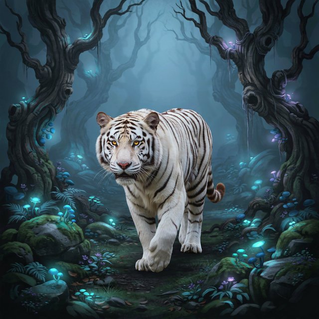 A majestic white tiger with eyes like molten gold, walking through a misty, ancient forest. Strange, bioluminescent flora casts an ethereal glow on the gnarled trees and moss-covered stones. The atmosphere is one of profound mystery and quiet solitude. Rendered in the style of detailed matte painting with a touch of dark fantasy concept art. — Ideogram v4.5