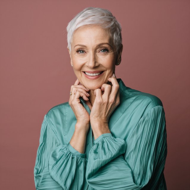 Portrait photograph of an adult woman in her early 60s wearing a softly pleated sea-green silk blouse, hands brushing its gathered sleeve fabric. Her amused, open expression stands against a matte rose backdrop, illuminated by broad, gentle studio light. — Kling v3 Omni