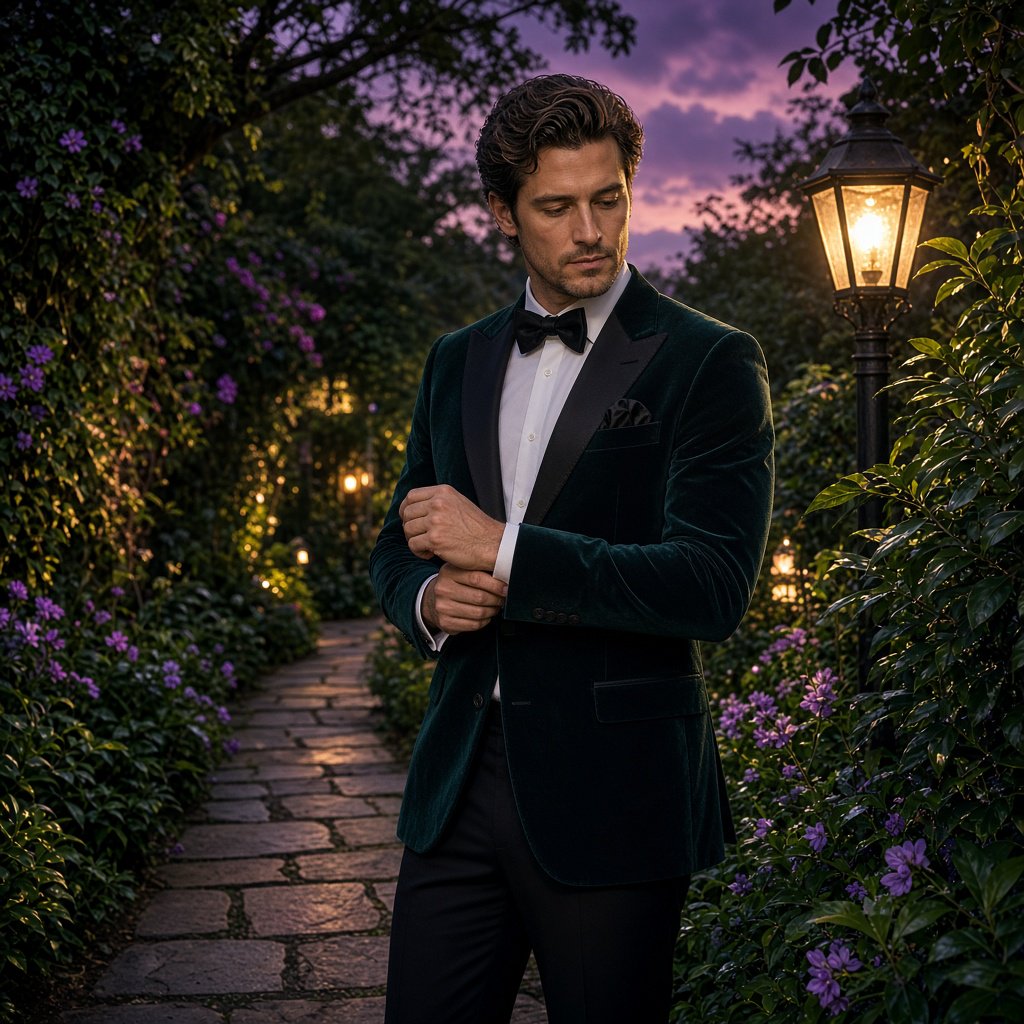 Along a garden path at violet dusk, an adult man in a midnight-green dinner suit adjusts one cuff beneath warm lantern glow, caught in a quiet pre-event pause with glossy leaves and elegant magazine polish. — Grok Imagine Image 2
