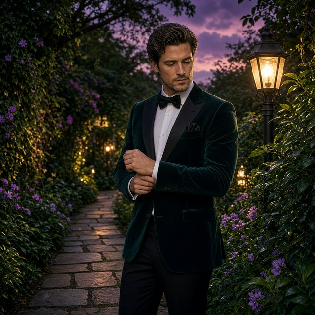 Along a garden path at violet dusk, an adult man in a midnight-green dinner suit adjusts one cuff beneath warm lantern glow, caught in a quiet pre-event pause with glossy leaves and elegant magazine polish. — Grok Imagine Image 2